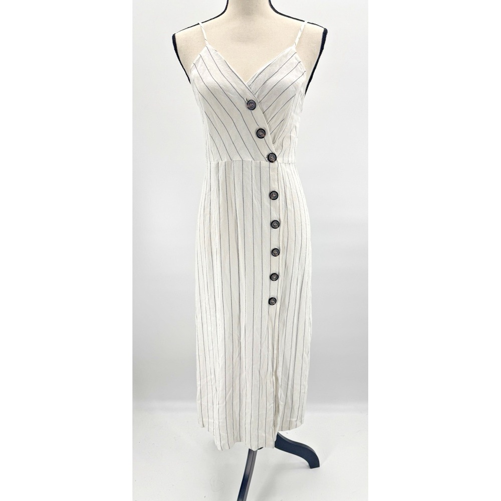 Cottage Medium Linen Stripe Midi Dress Wrap Bias Button Front Coastal Nautical